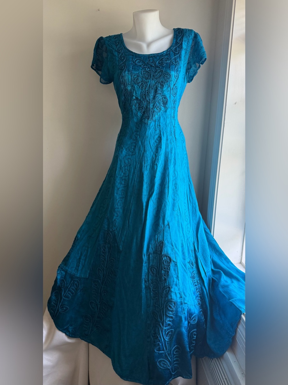 NWT NOS Display Teal Embroidered Maxi Dress L/XL Renaissance Boho Fairy